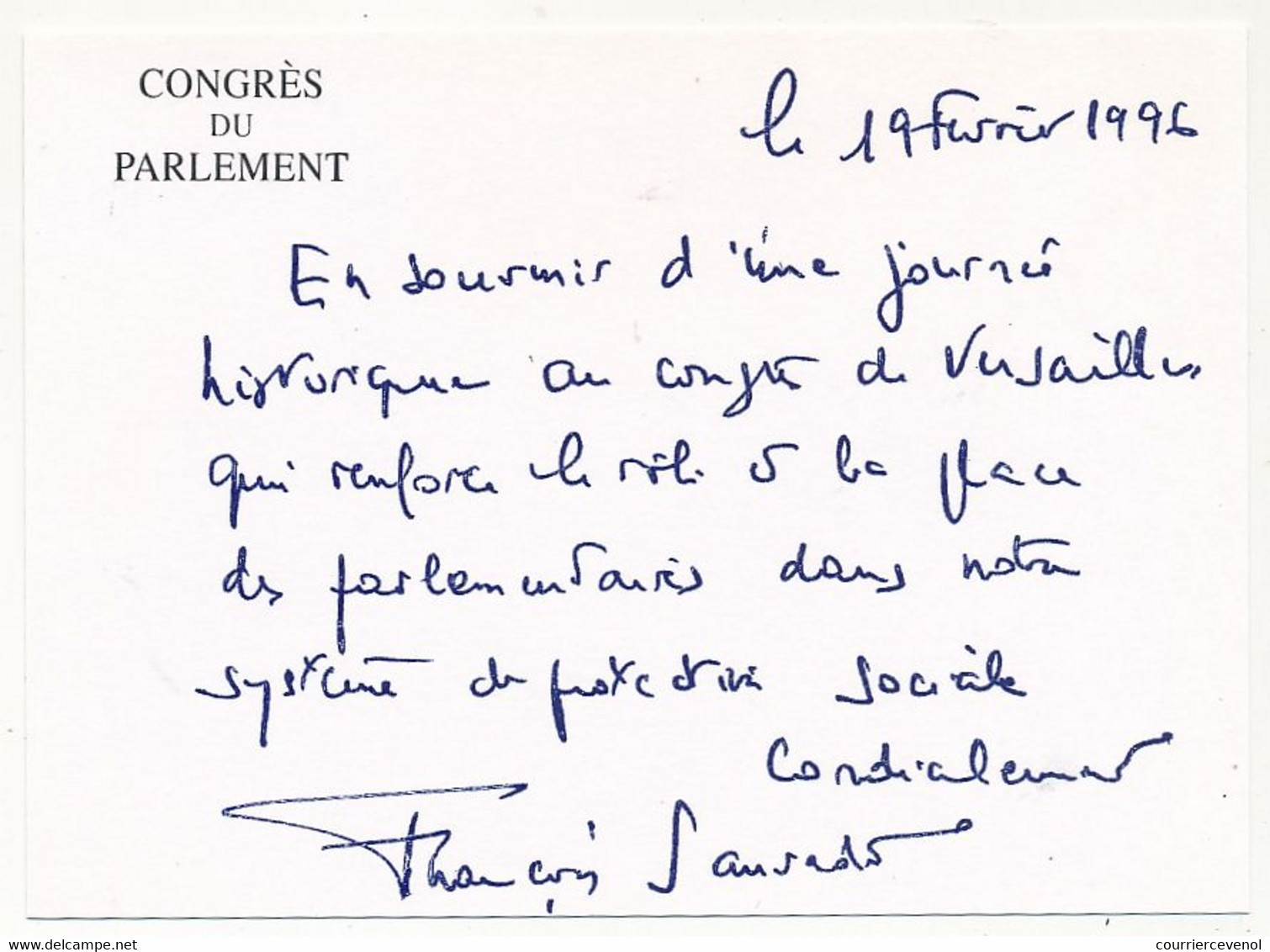 FRANCE - Env. Affr. 2,80 Assemblée Nat -Obl Congrès Du Parlement 19/2/1996 VERSAILLES + Carton François Sauvadet, Député - Cachets Provisoires