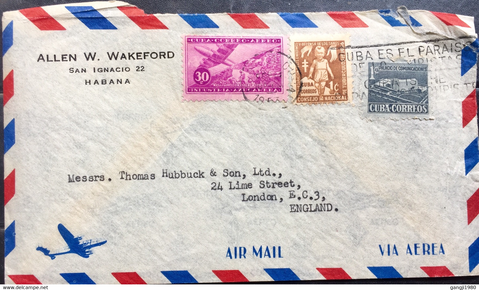 CUBA 1957, ALLEN W WAKEFORD AIRMAIL COVER USED TO ENGLAND 3 STAMPS,AEROPLANE,STACKING SUGAR IN SACK ,T.B ,FUND ,CHILD - Storia Postale