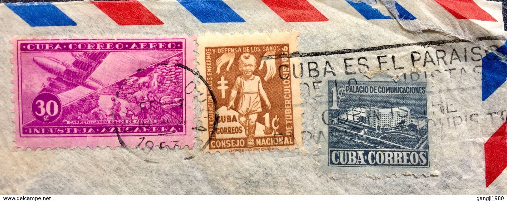 CUBA 1957, ALLEN W WAKEFORD AIRMAIL COVER USED TO ENGLAND 3 STAMPS,AEROPLANE,STACKING SUGAR IN SACK ,T.B ,FUND ,CHILD - Lettres & Documents