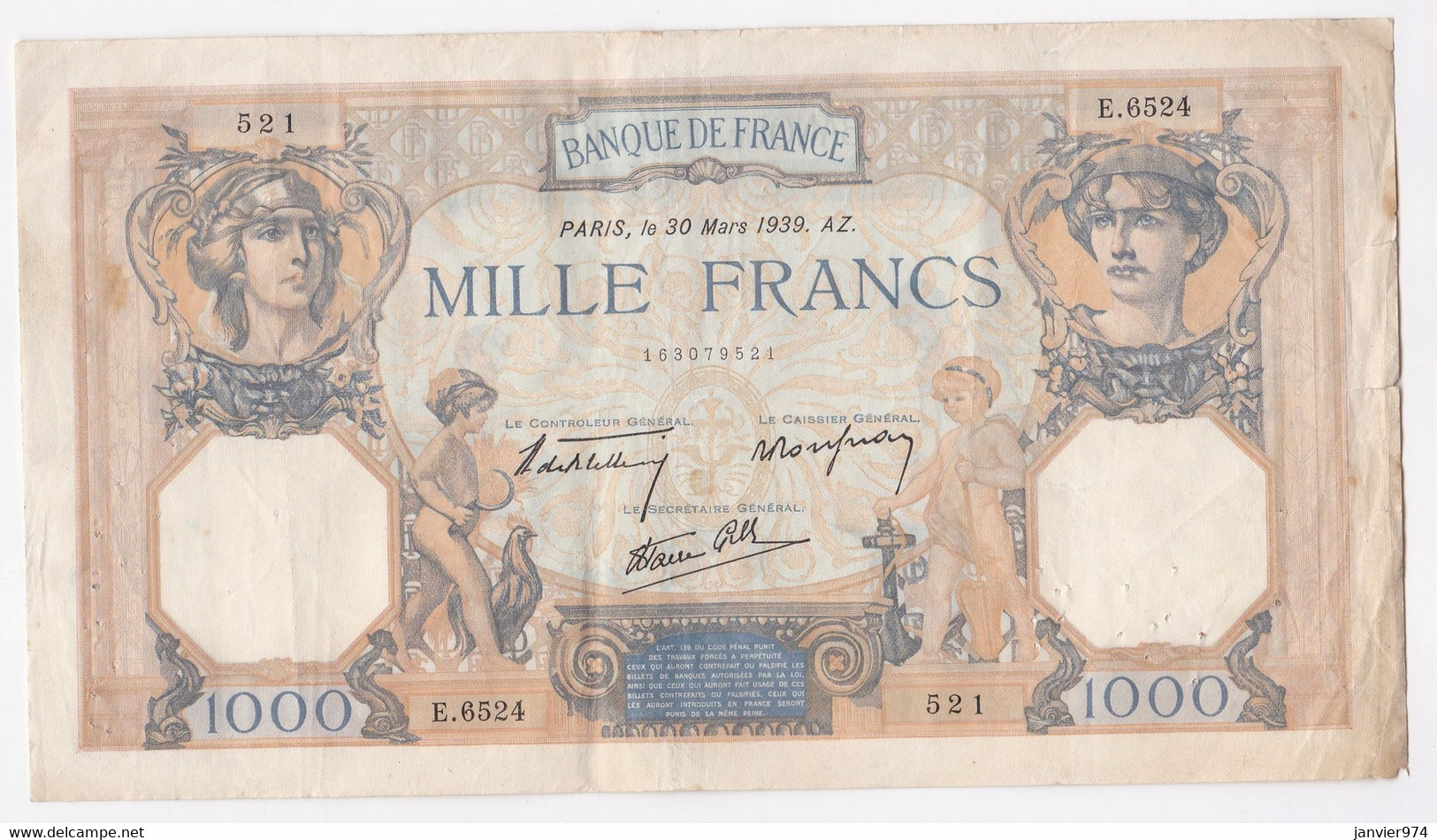 1000 Francs Cérès Et Mercure Du 30 Mars 1939 Alphabet : E.6524 N° 521 - 1 000 F 1927-1940 ''Cérès Et Mercure''