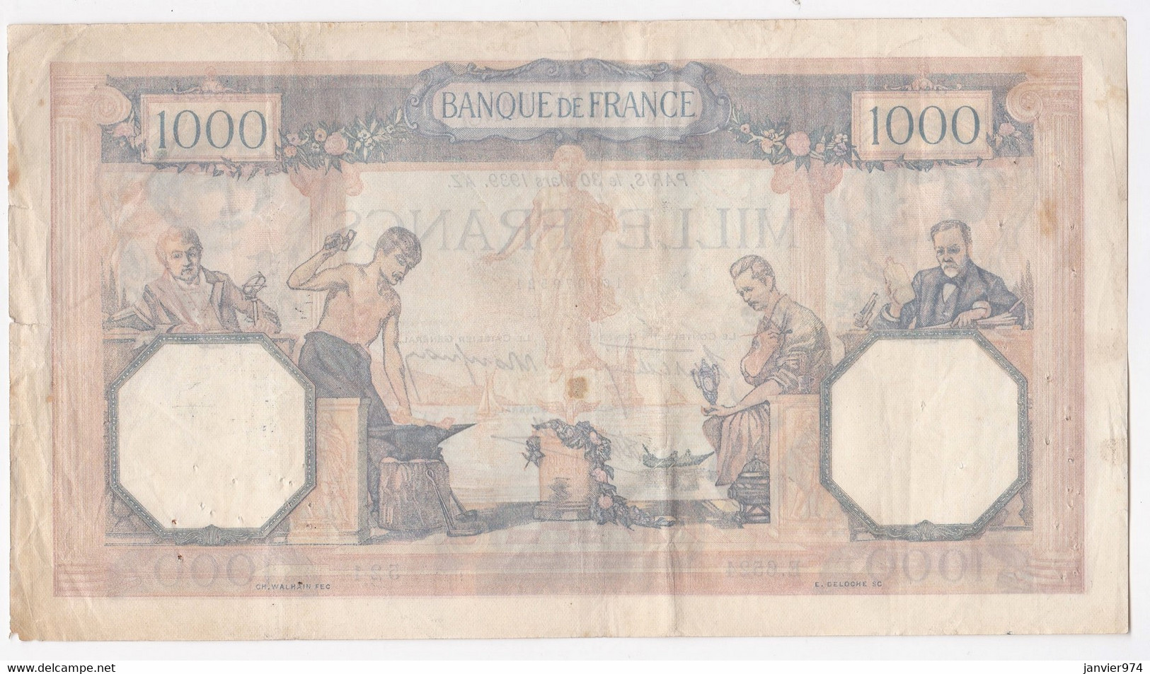 1000 Francs Cérès Et Mercure Du 30 Mars 1939 Alphabet : E.6524 N° 521 - 1 000 F 1927-1940 ''Cérès Et Mercure''