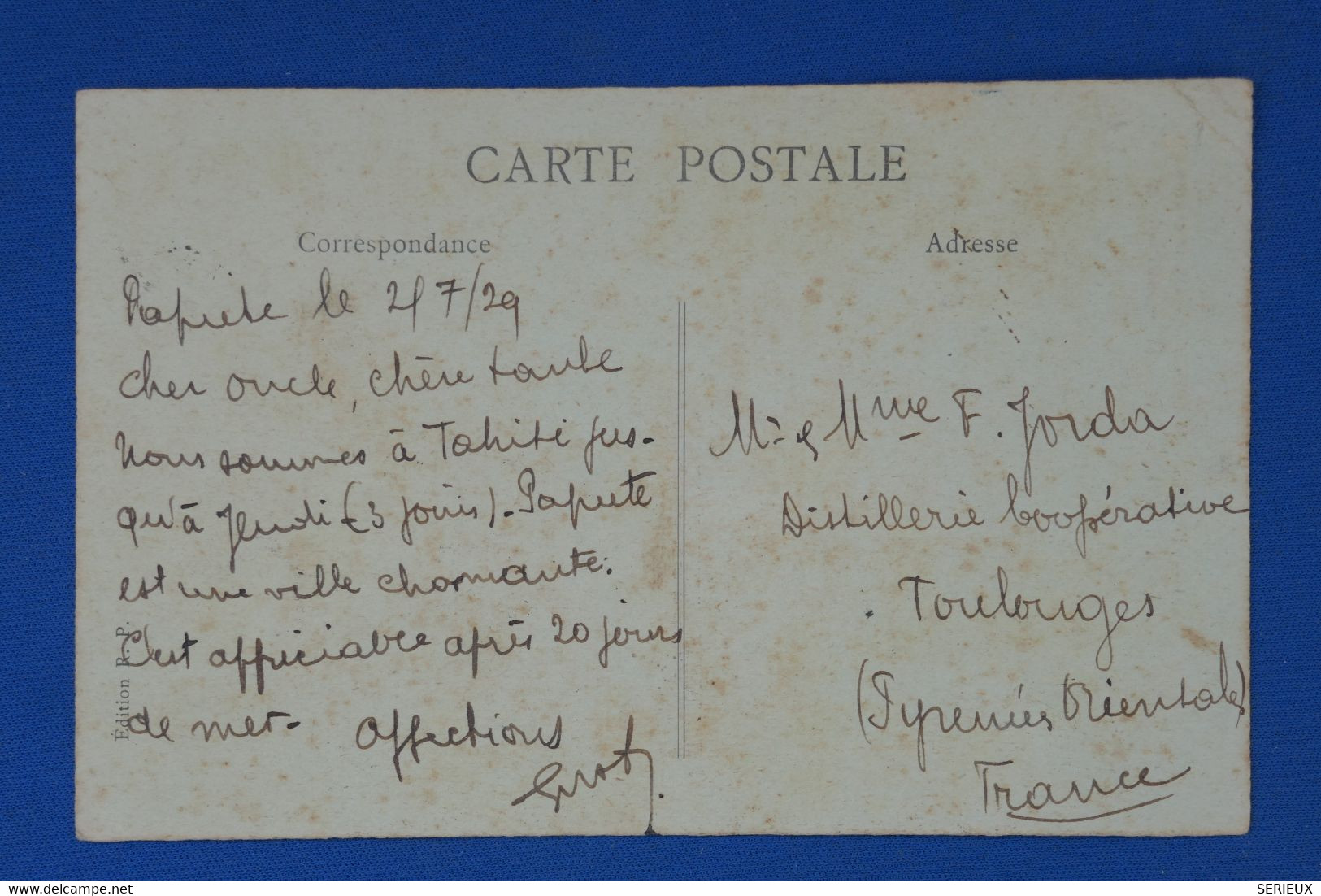 C OCEANIE TAHITI  BELLE CARTE 1929 PAPEETE   POUR TOULOUGES FRANCE  ++AFFRANCH.PLAISANT - Lettres & Documents