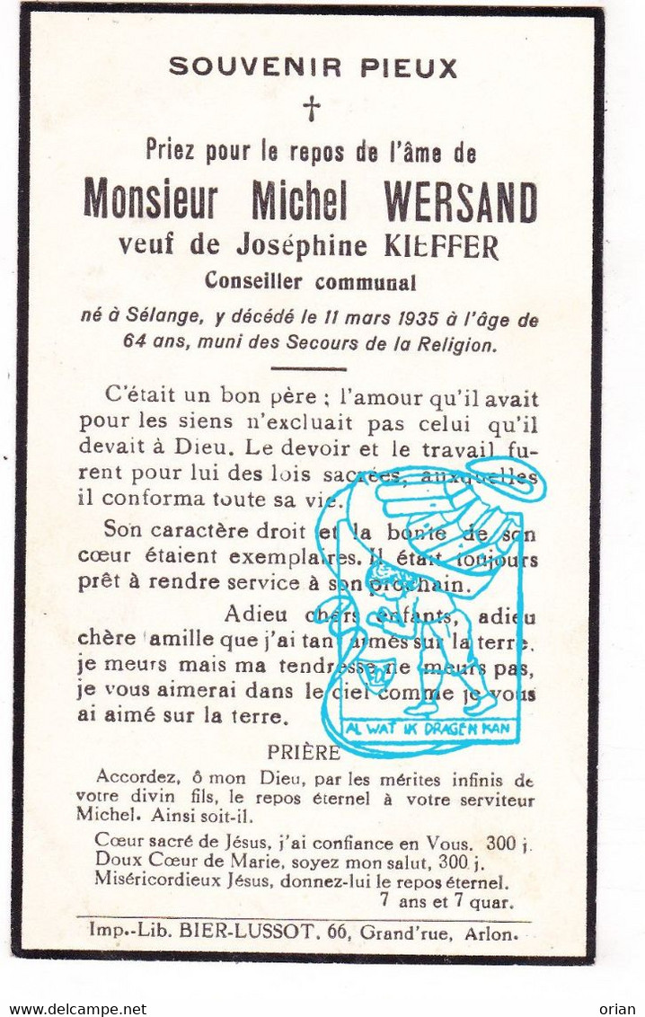 DP Conseiller Communal - Michel Wersand ° Sélange Messancy 1871 † 1935 X Joséphine Kieffer - Devotion Images