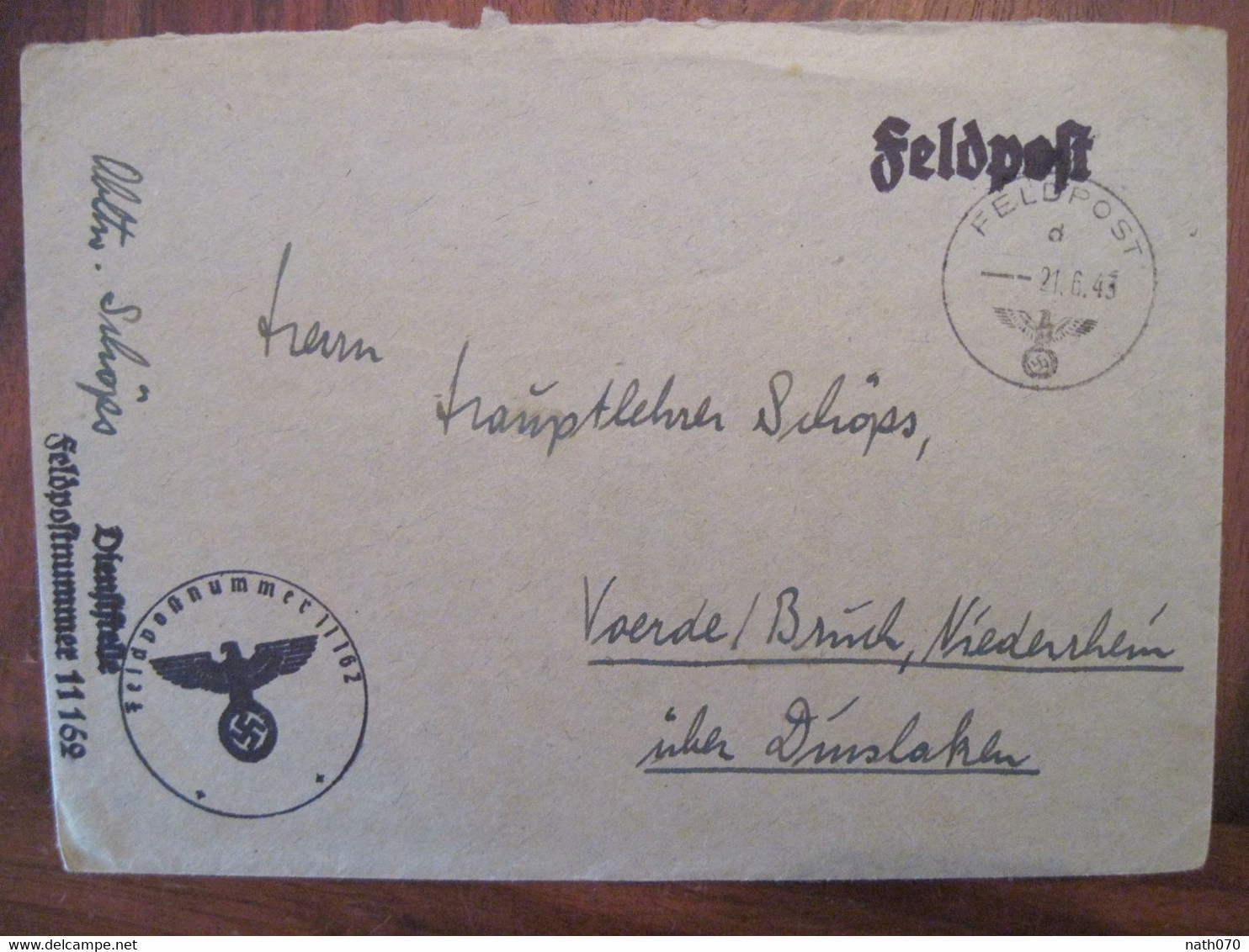 Feldpost 1943 Nach Voerde FDP Feldpostnummer 11162 Regimentsstab Infanterie-Regiment 60 Reich Allemagne Cover WK2 - Lettres & Documents