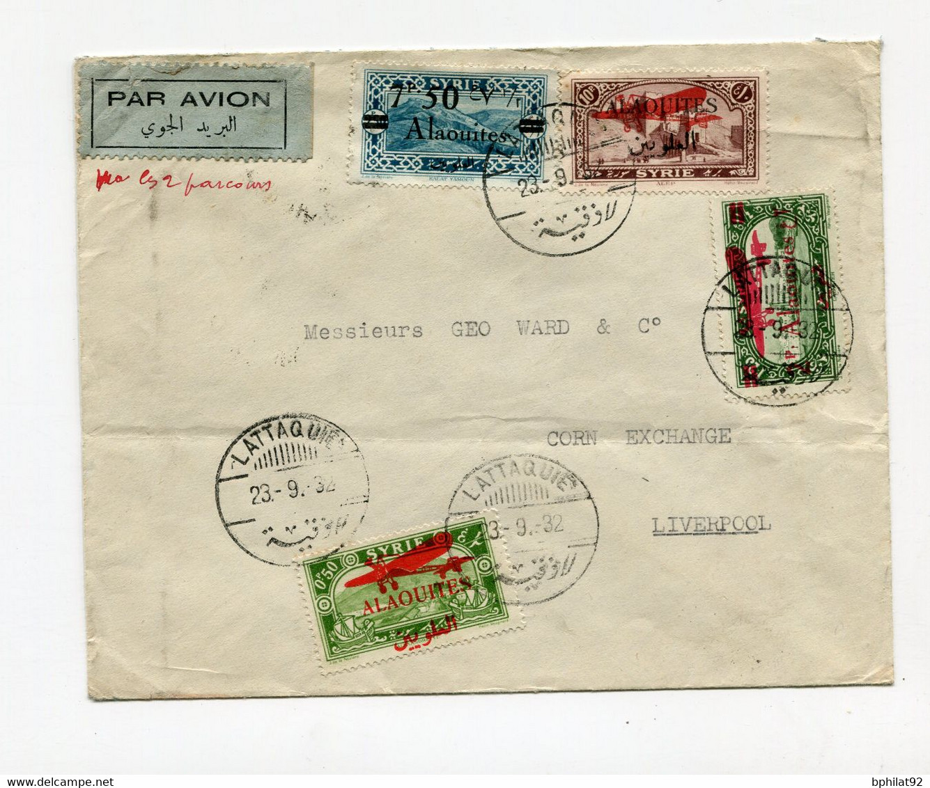 !!! ALAOUITES, LETTRE PAR AVION DE LATTAQUIE POUR LIVERPOOL DE 1932 - Briefe U. Dokumente