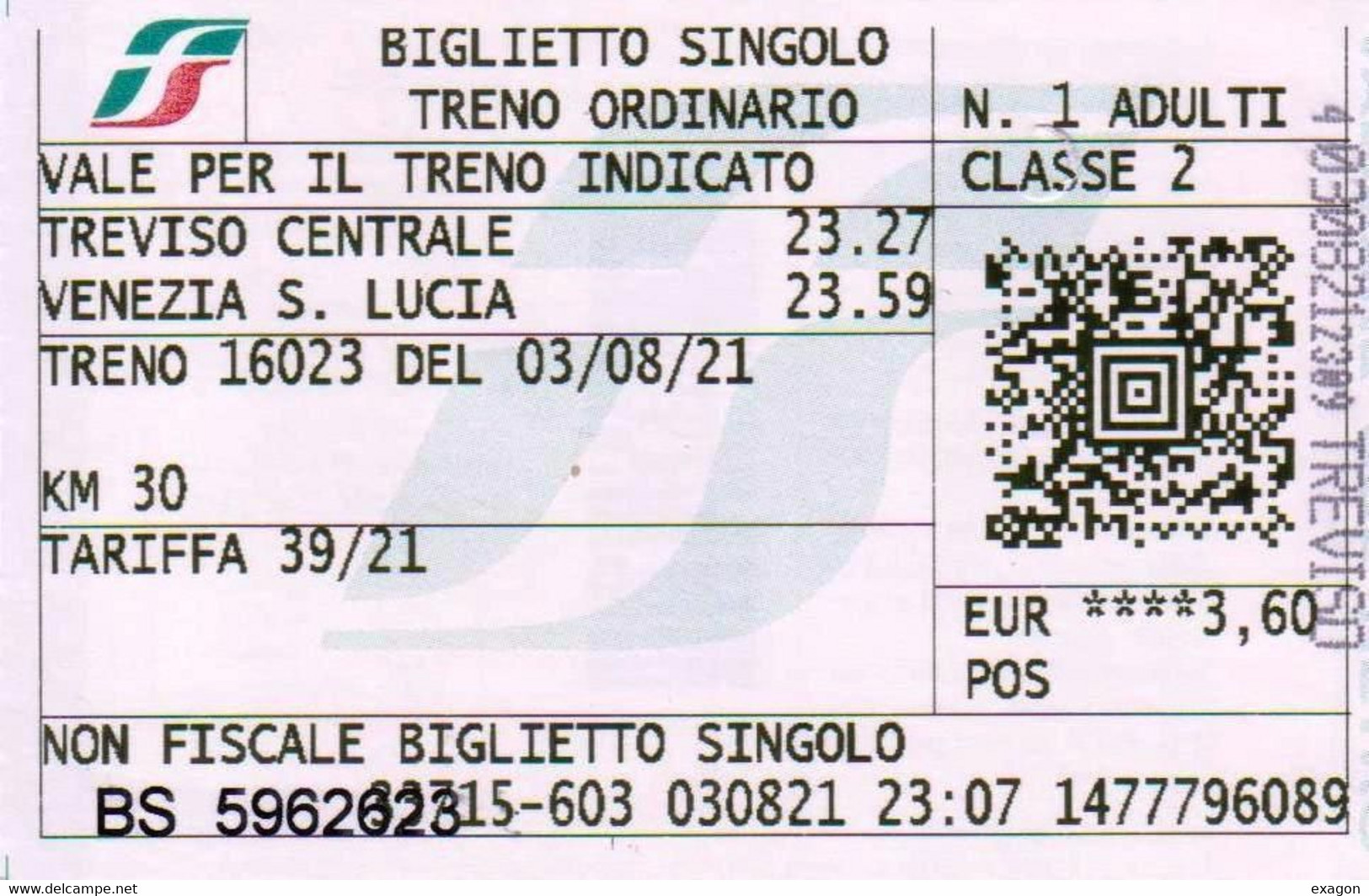 Biglietto  Treno  UTILIZZATO   -  TREVISO CENTRALE / VENEZIA S. LUCIA -  Del  3 Agosto 2021. - Europe