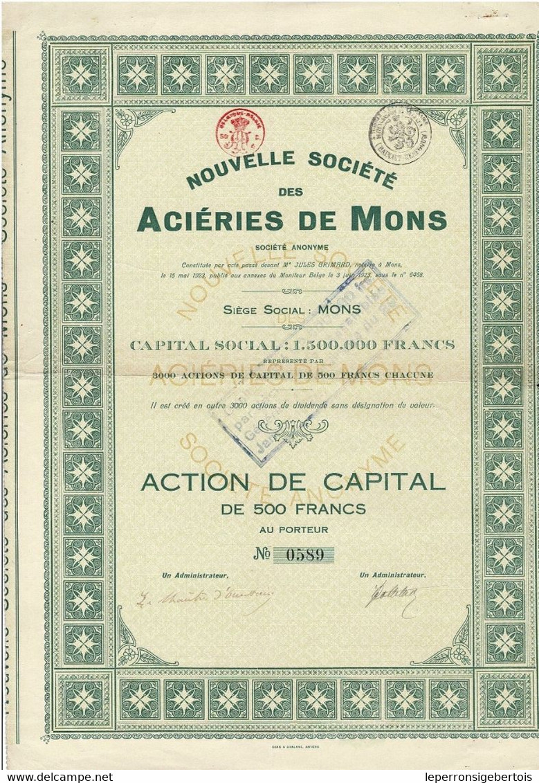 Titre De 1923 - Nouvelle Société Des Aciéries De Mons - Turismo