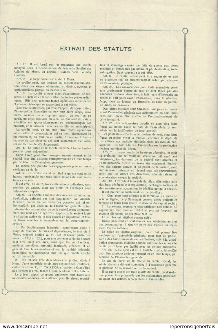 Titre De 1923 - Nouvelle Société Des Aciéries De Mons - Toerisme