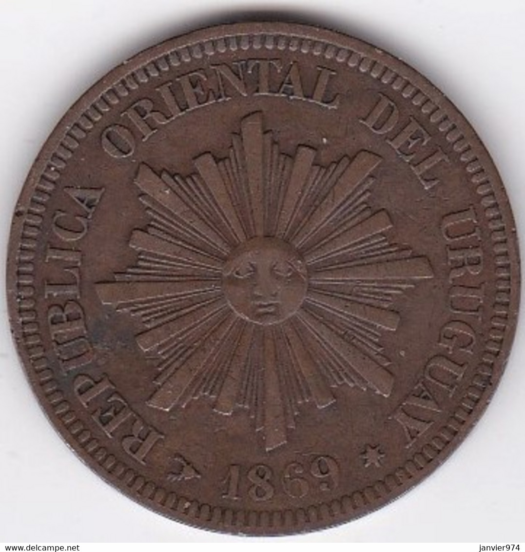 Uruguay 2 Centesimos 1869 H Heaton, En Bronze , KM# 12 - Uruguay