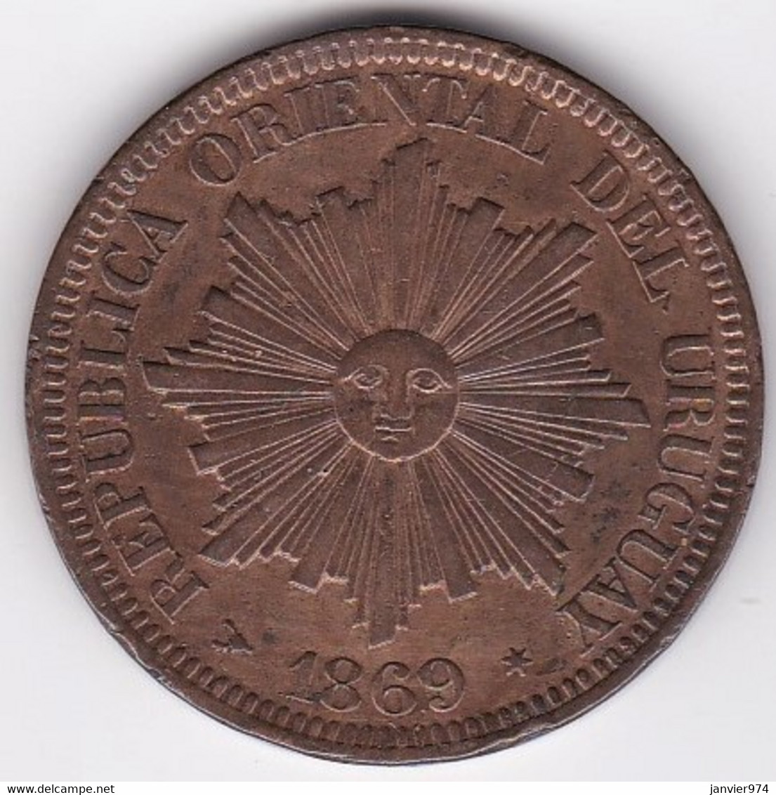 Uruguay 4 Centesimos 1869 H Heaton, En Bronze , KM# 13 - Uruguay