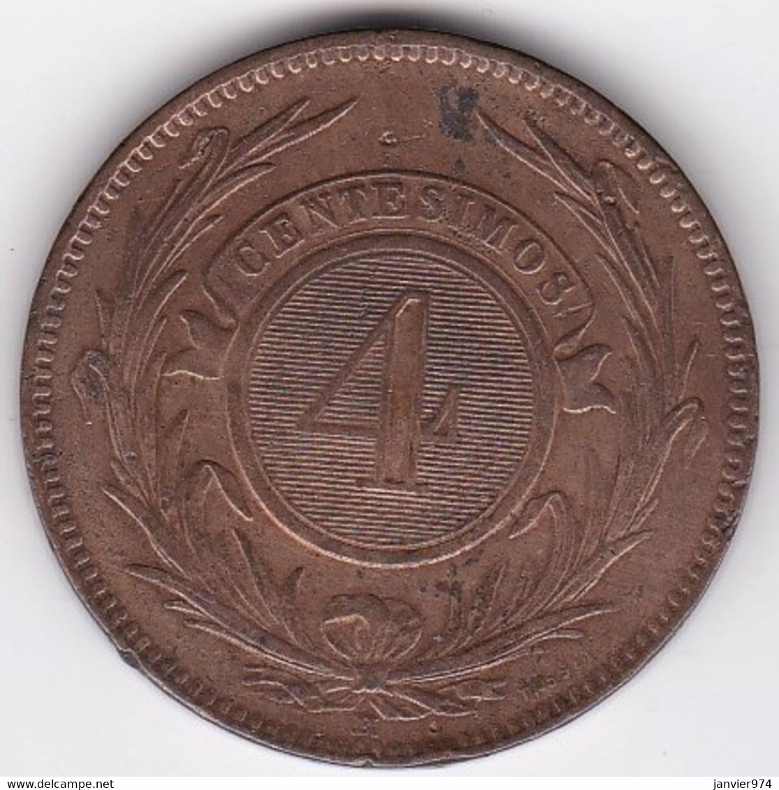 Uruguay 4 Centesimos 1869 H Heaton, En Bronze , KM# 13 - Uruguay