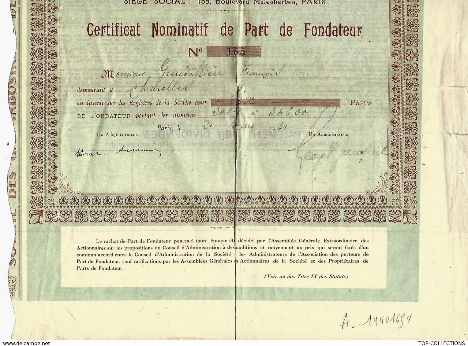 1931  PART DE FONDATEUR Sté Des Gaz Industriels De Province F.Jaubert  Paris - Elektriciteit En Gas