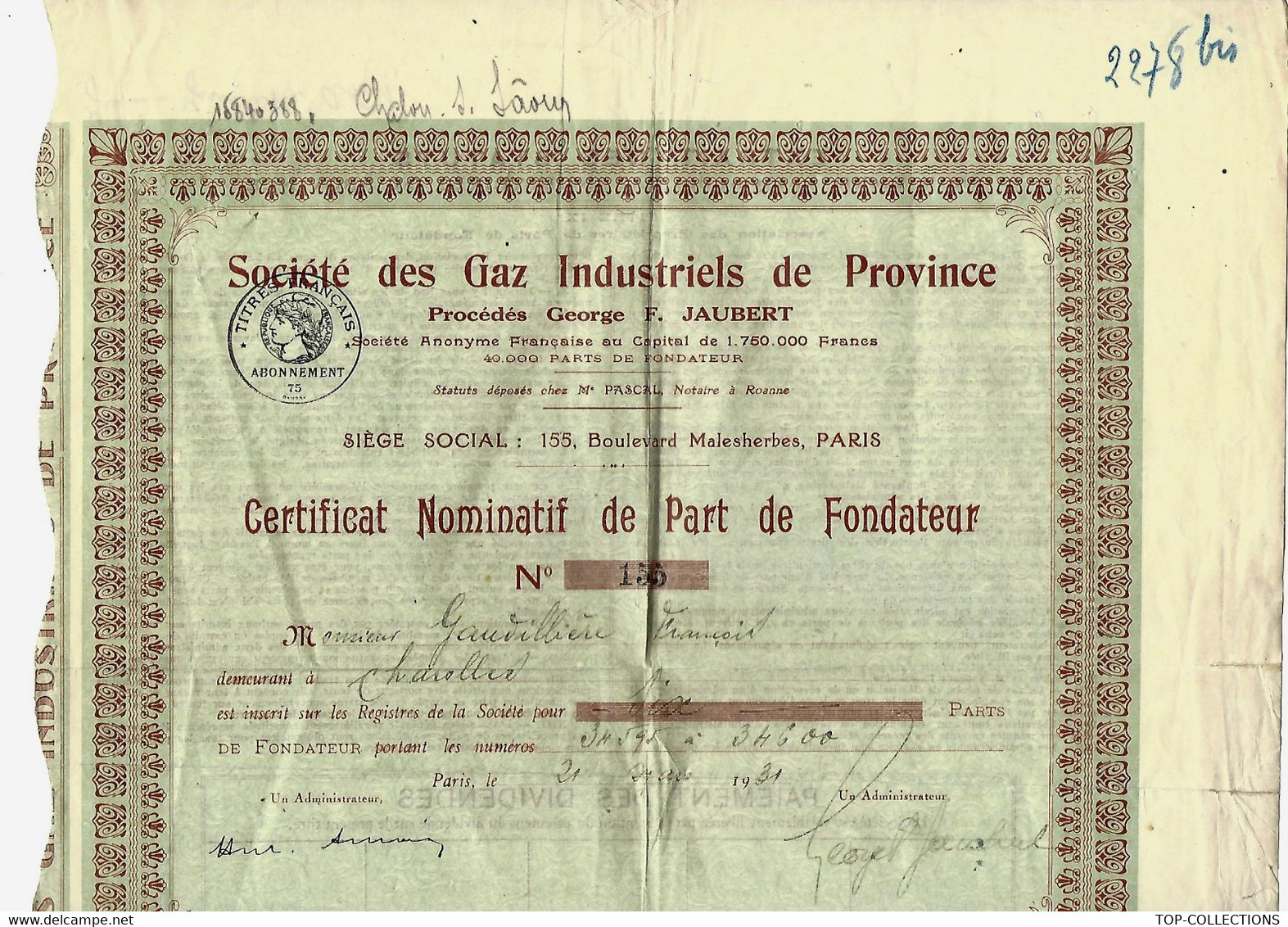 1931  PART DE FONDATEUR Sté Des Gaz Industriels De Province F.Jaubert  Paris - Electricité & Gaz