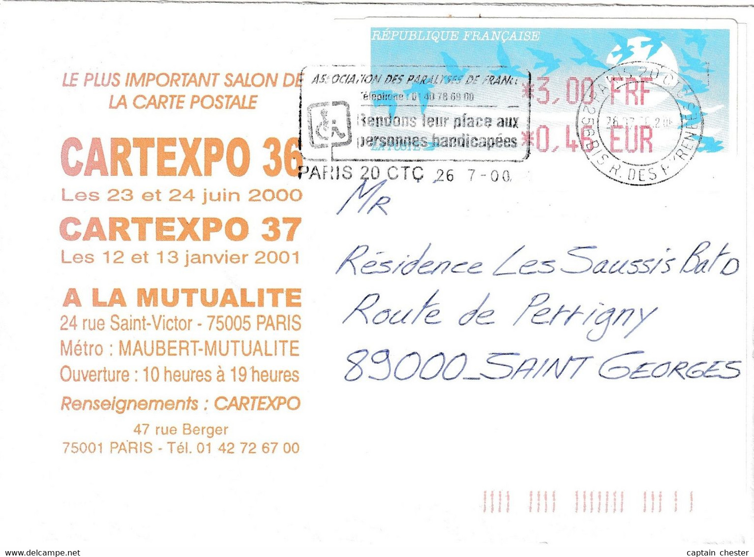 Vignette D'affranchissement Sur Lettre " OISEAUX DE JUBERT 3,00 Fr - 0,46 € Flamme De PARIS 20 " Datée 26/07/2000 - 1990 Type « Oiseaux De Jubert »