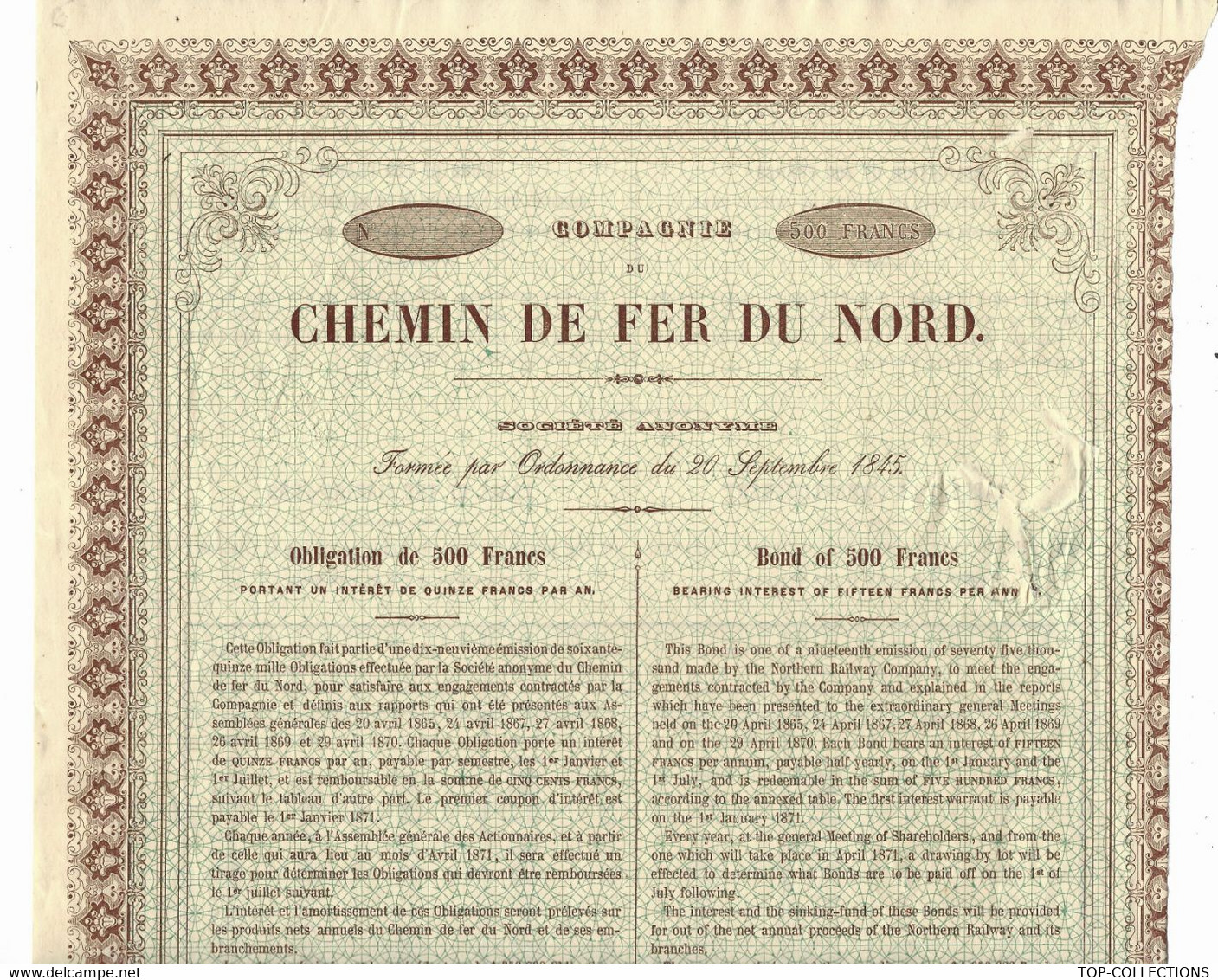 RARE Obligation De 500 Frs 1875 EMISSION  3 % EMPRUNT  CHEMIN DE FER DU NORD - Spoorwegen En Trams