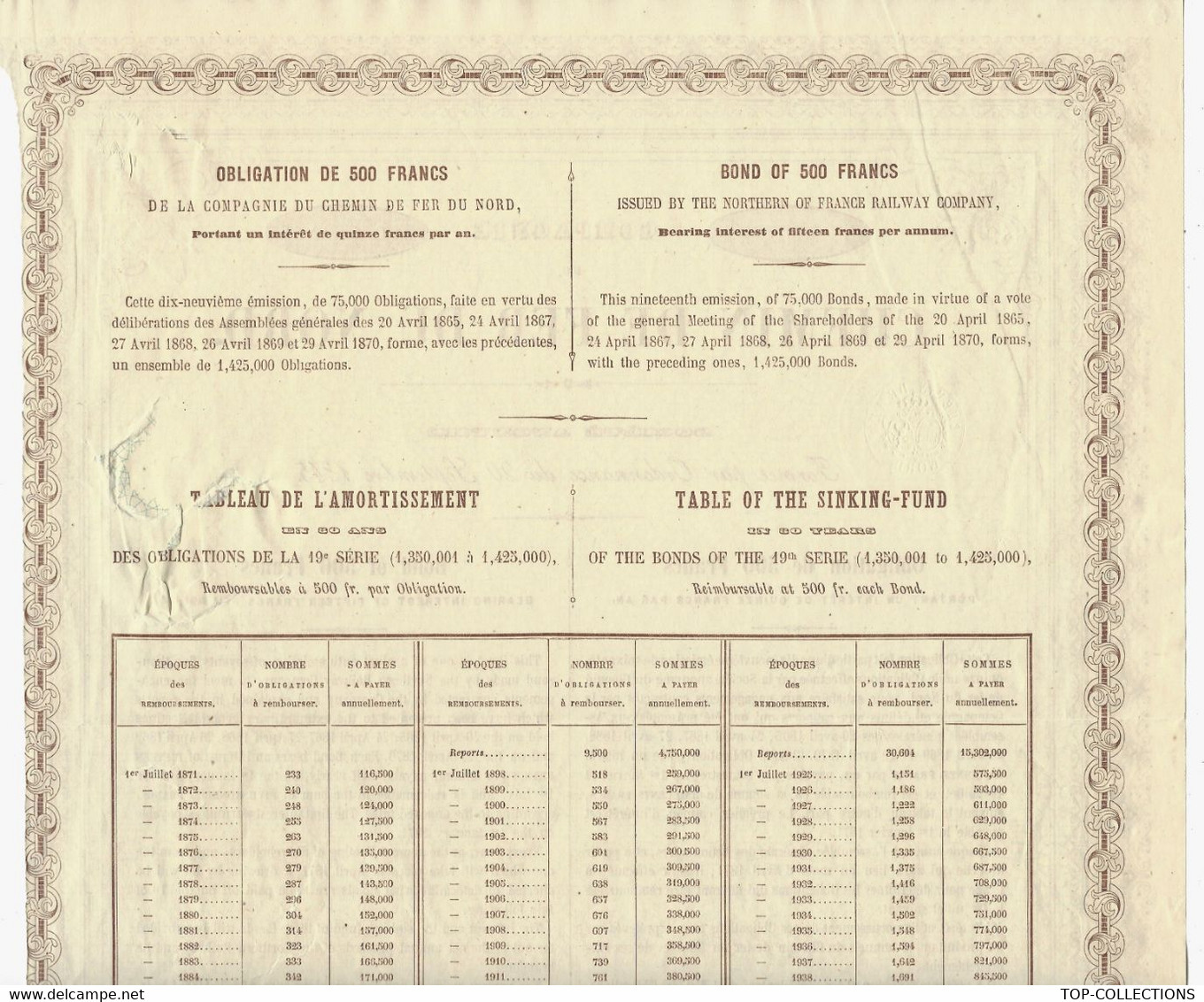 RARE Obligation De 500 Frs 1875 EMISSION  3 % EMPRUNT  CHEMIN DE FER DU NORD - Ferrovie & Tranvie