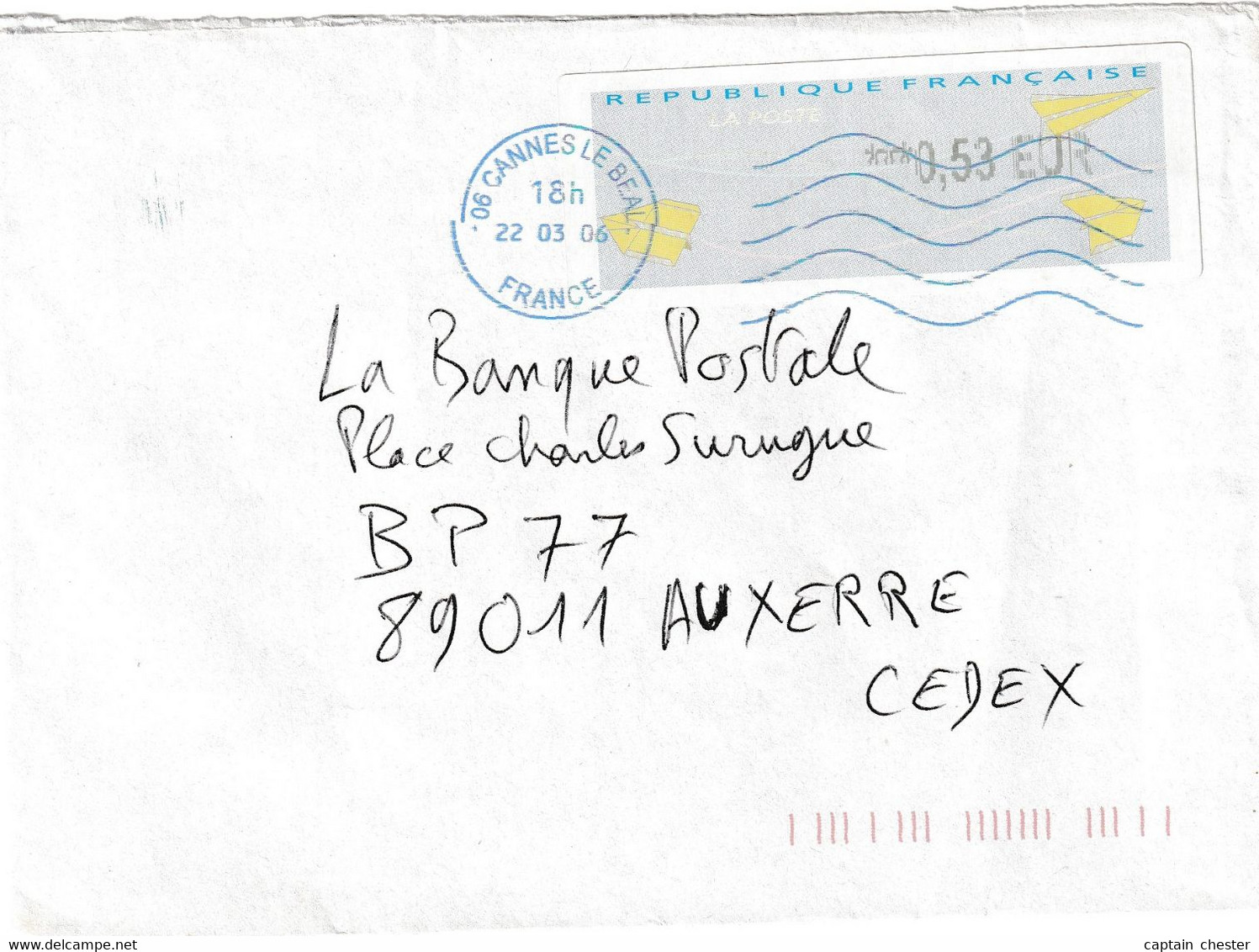 Vignette D'Affranchissement Sur Lettre " AVIONS EN PAPIER - Bloc Dateur Coupé En Deux " CANNES LE BEAL 2006 - Lettres & Documents