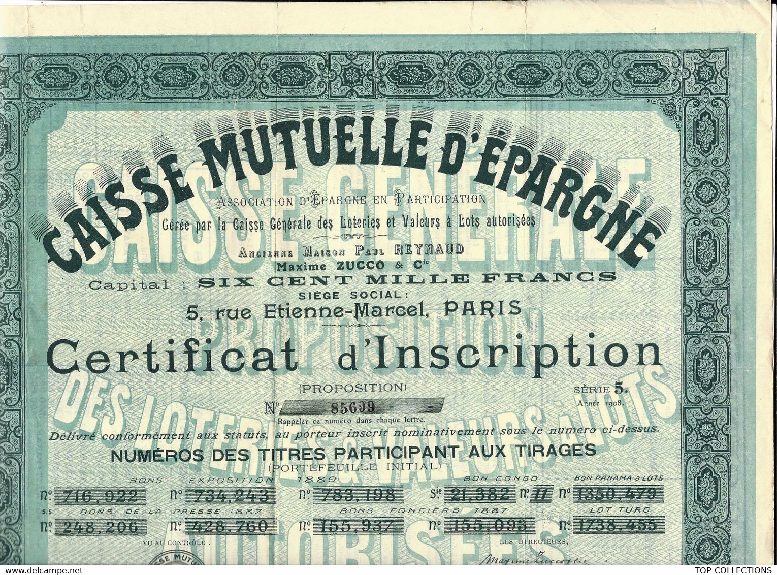 TRES RARE CAISSE MUTUELLE D’EPARGNE PARIS 1908 BANQUE FINANCE BONS A LOTS B.E VOIR SCANS COTATION 30 EUROS - Bank En Verzekering