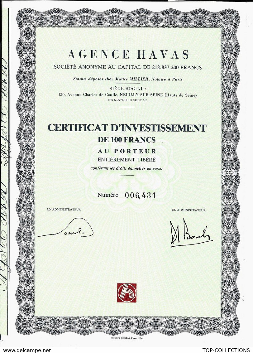 1983 Rare Titre AGENCE HAVAS Neuilly Sur Seine PARIS  CERTIFICAT D’ INVESTISSEMENT B.E.VOIR SCANS - Autres & Non Classés