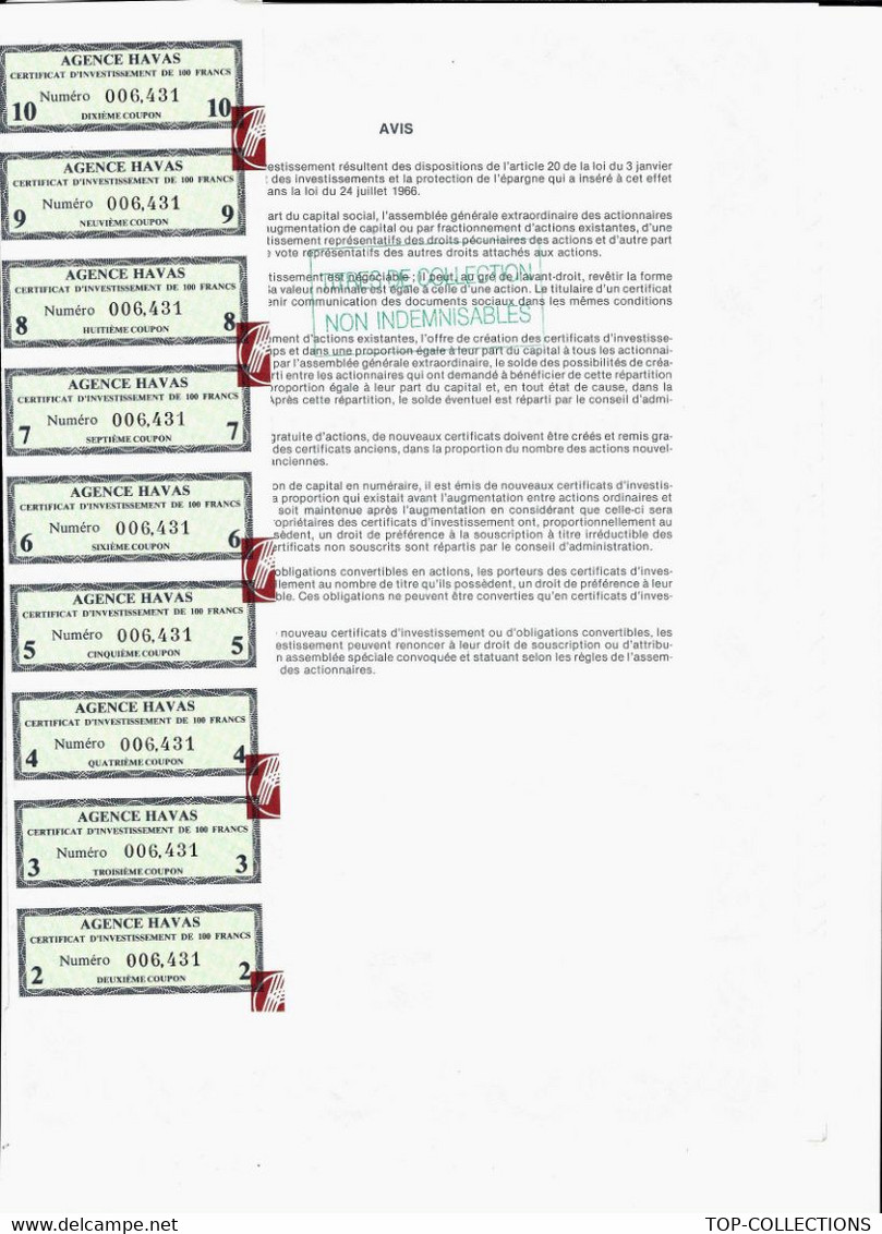 1983 Rare Titre AGENCE HAVAS Neuilly Sur Seine PARIS  CERTIFICAT D’ INVESTISSEMENT B.E.VOIR SCANS - Otros & Sin Clasificación