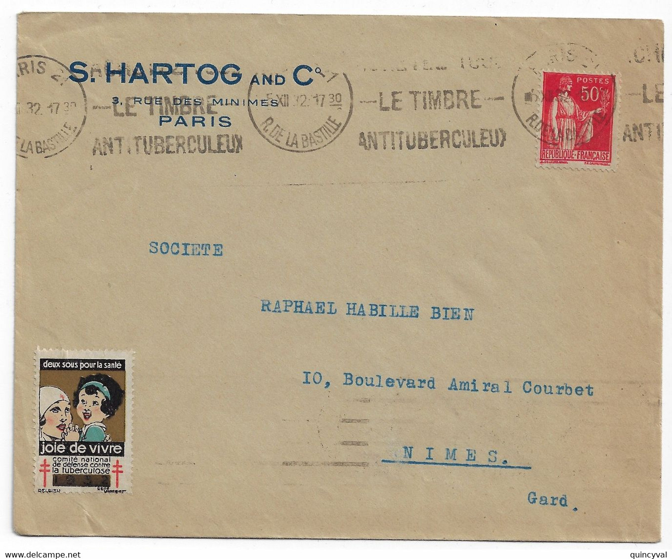 PARIS 21 R Bastille Lettre Entêt HARTOG 50c Paix Rouge Yv 283 Ob Meca Krag Antituberculeux B021106 Etiquette 1932 - Mechanical Postmarks (Other)