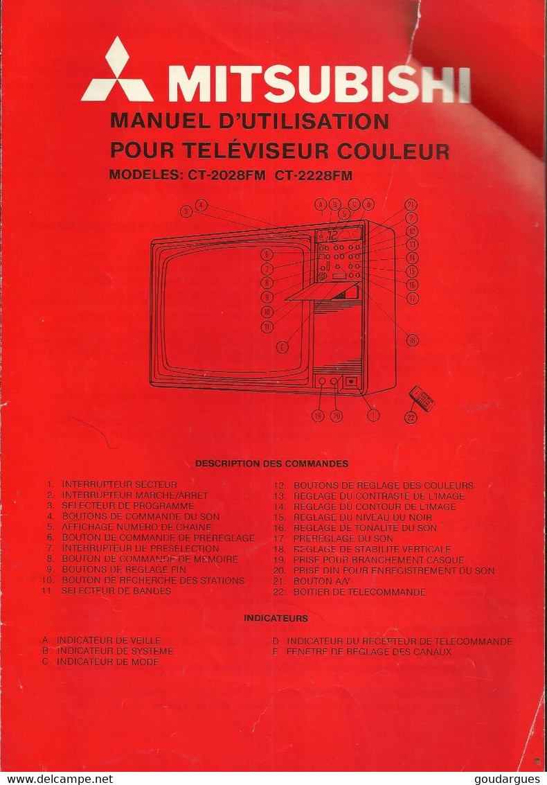 Mitsubishi - Service Manual Colour Television - Model CT-2228FM + Manuel D'utilisation Pour Télévision Couleur - Televisie