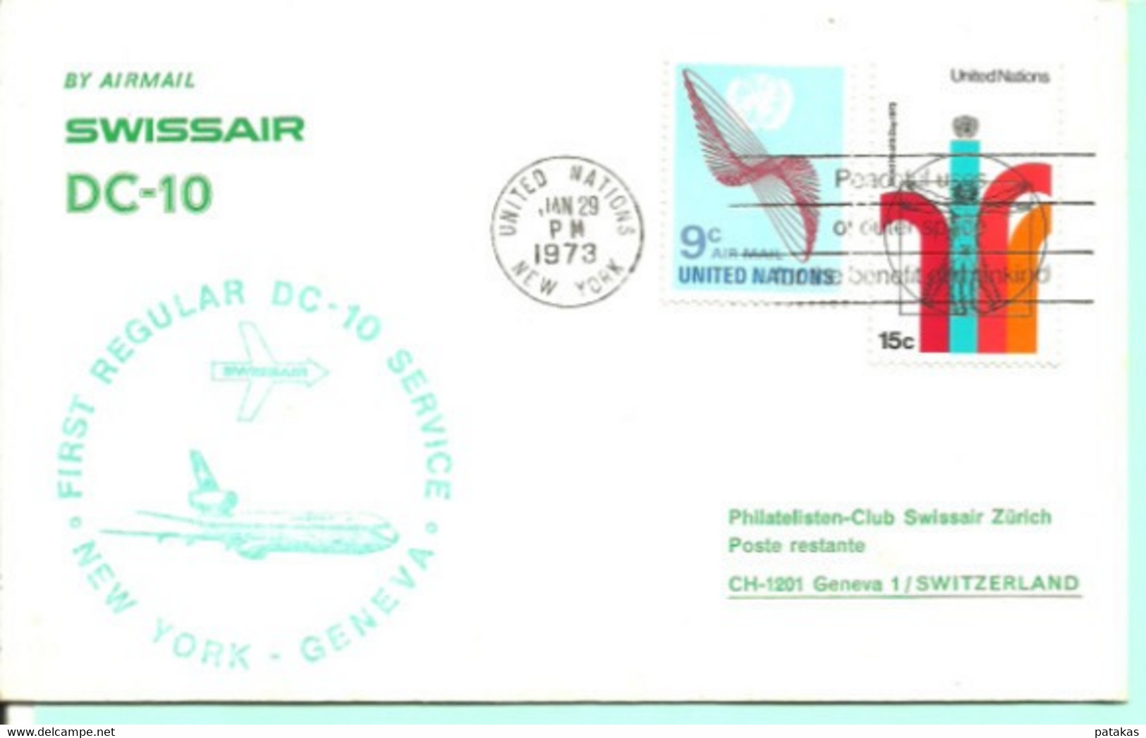 Premier Vol Régulier En DC-10 SWISSAIR Nations Unies New York -Genève Le 29 Janvier 1973 - Airmail