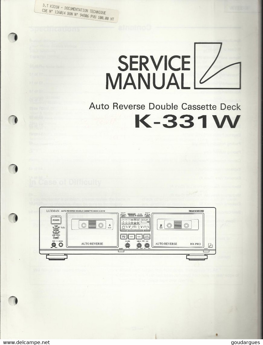 Service Manual Lux - Auto Reverse Double Cassette Deck K - 331 W - Televisione