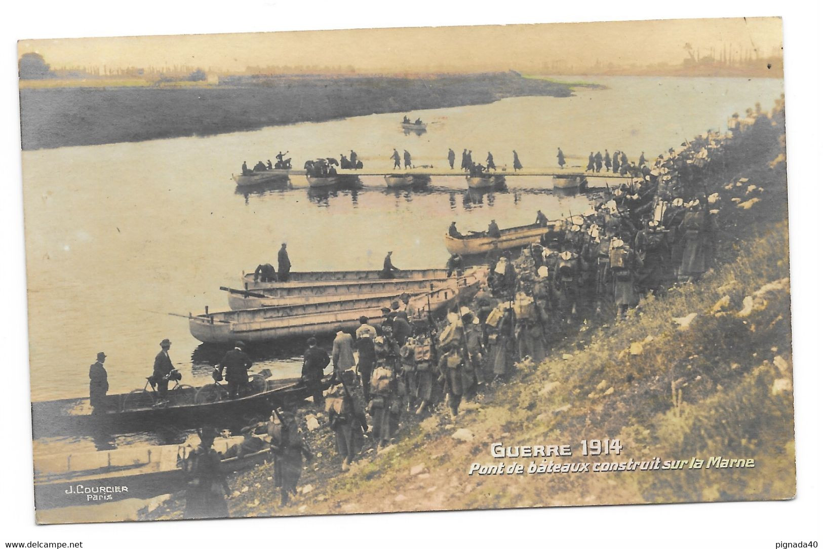 Cpa, Guerre 1914, Pont De Bateaux Construit Sur La Marne, Militaire, Dos écrit  1915, Et Divisé - Manoeuvres