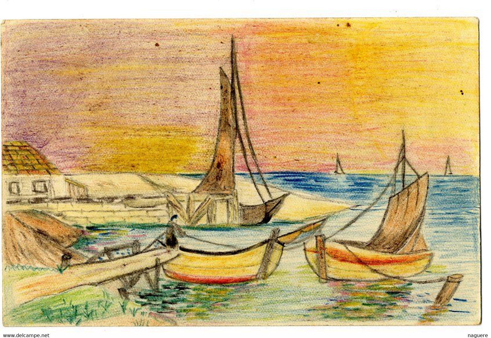 PAYSAGE MARINE   DESSIN AU CRAYON   SUR CARTE POSTALE  ANCIENNE  -  PAS DE SIGNATURE - Dessins