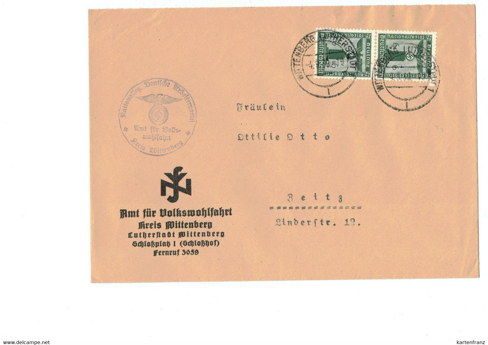 Beleg Brief DR Deutsches Reich - O 1939 -  NSDAP / NSV Amt Volkswohlfahrt Lutherstadt Wittenberg Schloßplatz 1 - Briefe U. Dokumente
