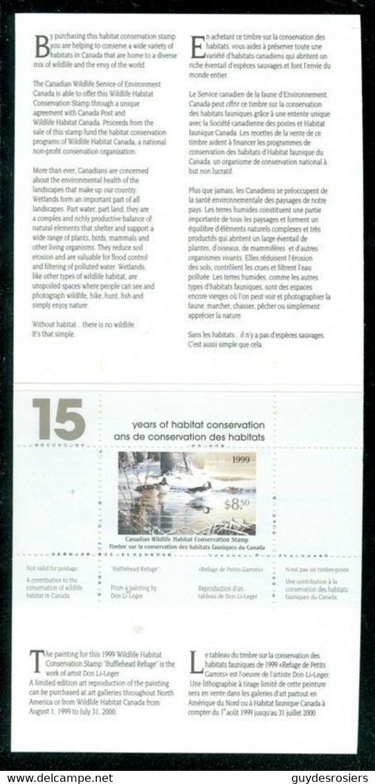 GARROT, Canard; Conservation Habitats Fauniques CANADA 1999 Wildlife Habitat Conservation; BUFFLEHEAD, Duck  (8443) - Local, Strike, Seals & Cinderellas