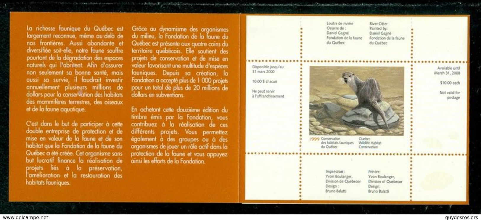 LOUTRE Des Rivières; Conservation Habitats Fauniques QUÉBEC 1999 Wildlife Habitat Conservation, River OTTER (8444) - Local, Strike, Seals & Cinderellas