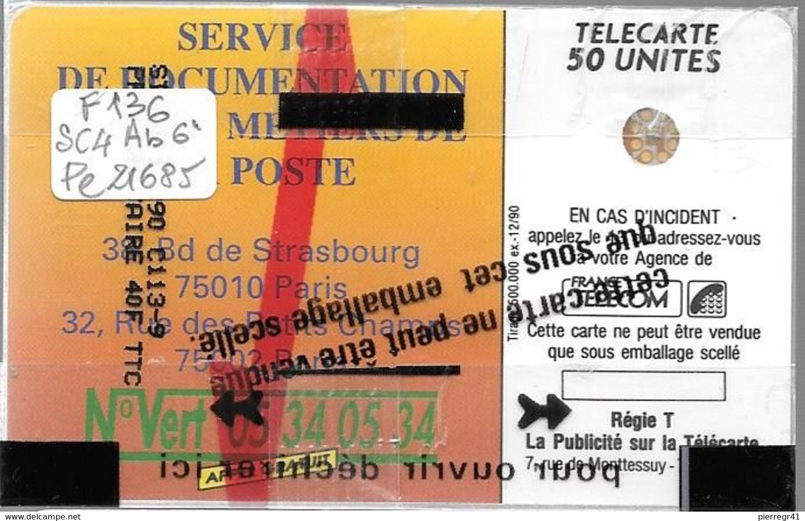 CARTE-PUBLIC-F-136-1990-50U-SC4ab-Trou 6-LA POSTE-Ile De France-5 Pe 21685-NSB-TBE- - 1990