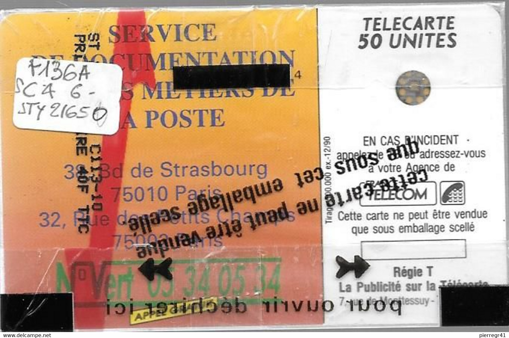 CARTE²-PUBLIC-F-136A.550-1990-50U-SC4An-Trou 6-LA POSTE-Ile De France-5Stylet 21650-NSB-TBE-RARE - 1990