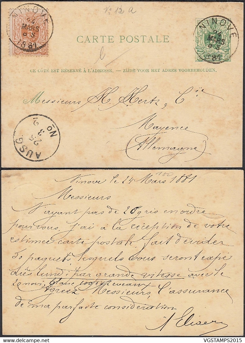 Belgique 1881 - Entier Postal Sur Carte Postale De Ninove Vers L'Allemagne. Emis. 1869....... (DD) DC-10615 - Postcards 1871-1909