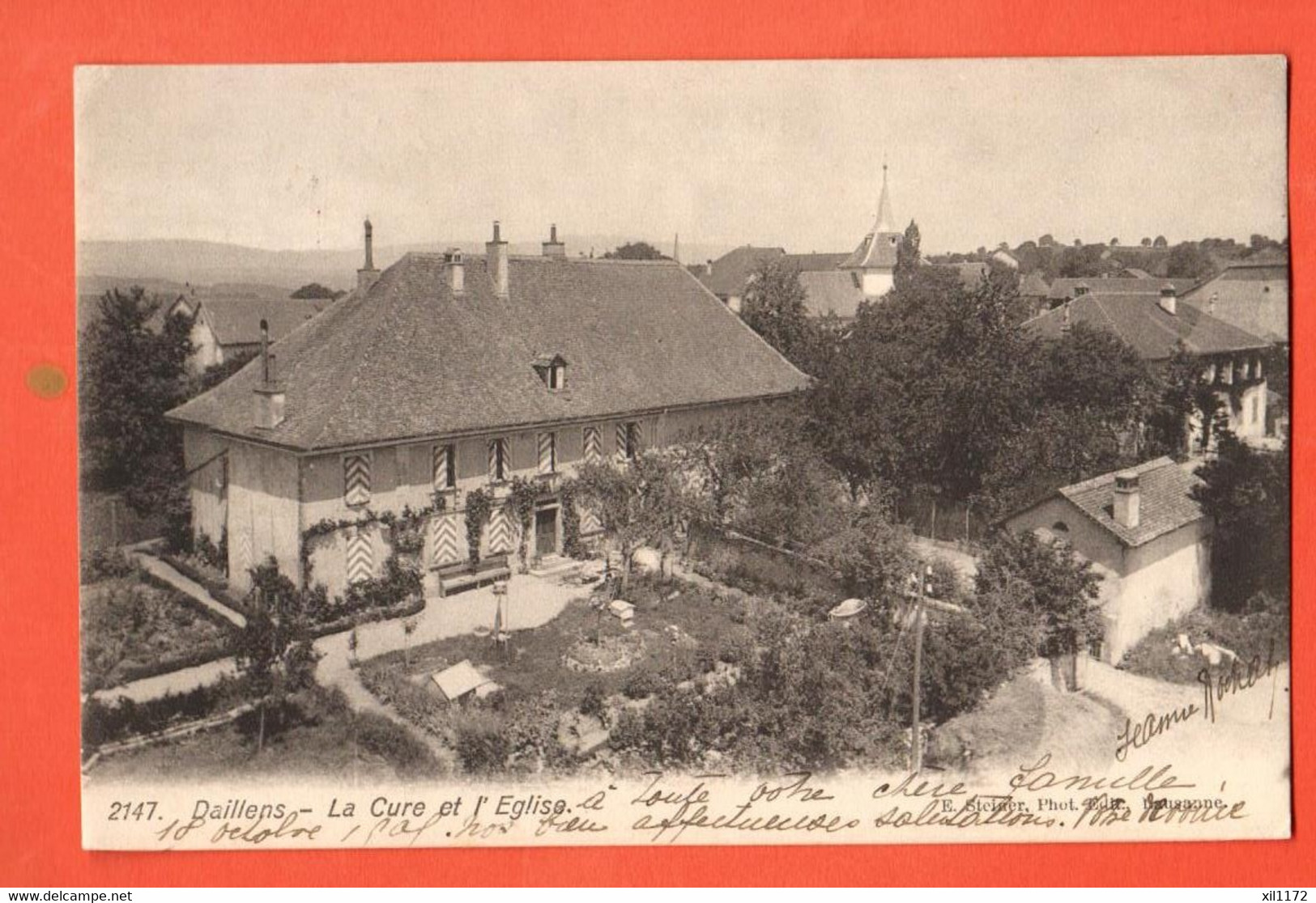 NAG-35 Daillens La Cure Et L'Eglise. Cachet Daillens 1909 Pour La France. - Daillens