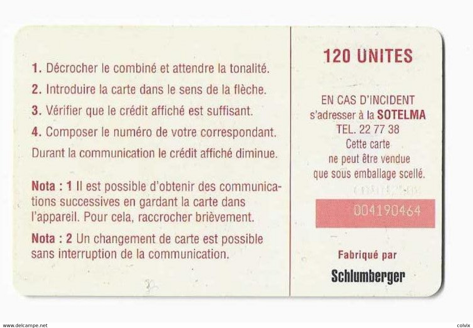 MALI REF MV CARDS MAL-45 120U LOGO SCHLUMBERGER AU VERSO - Malí