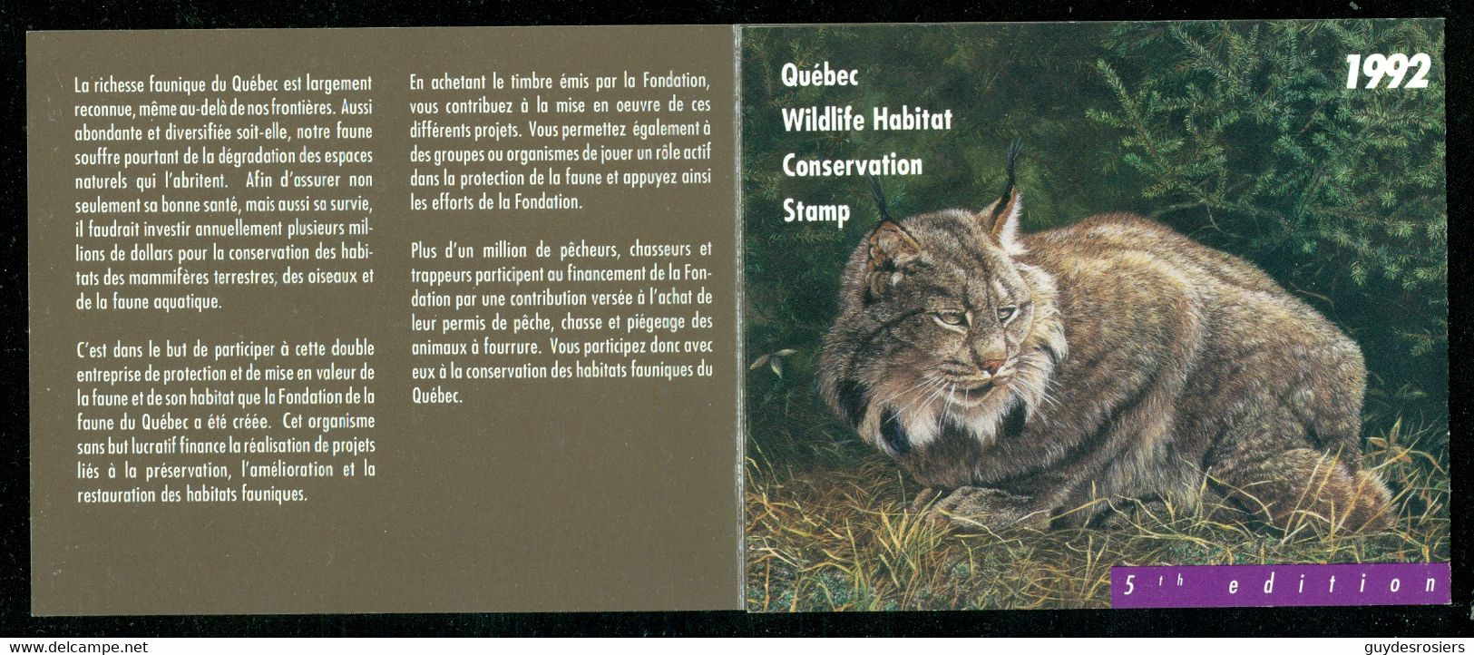 LYNX Du Canada; Conservation Habitats Fauniques QUÉBEC 1992 Wildlife Habitat Conservation, LYNX (8457) - Werbemarken (Vignetten)