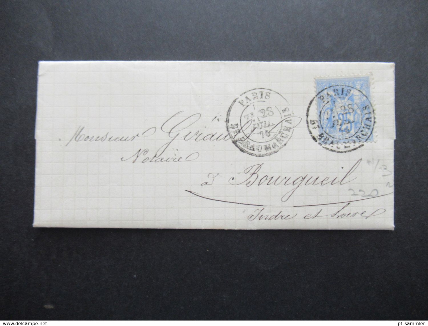 Frankfreich 1878 Sage Nr. 63 Type I Stempel Paris 28.7.1876 Nach Bourgueil Gesendet Faltbrief Mit Inhalt Gauche - 1876-1878 Sage (Type I)