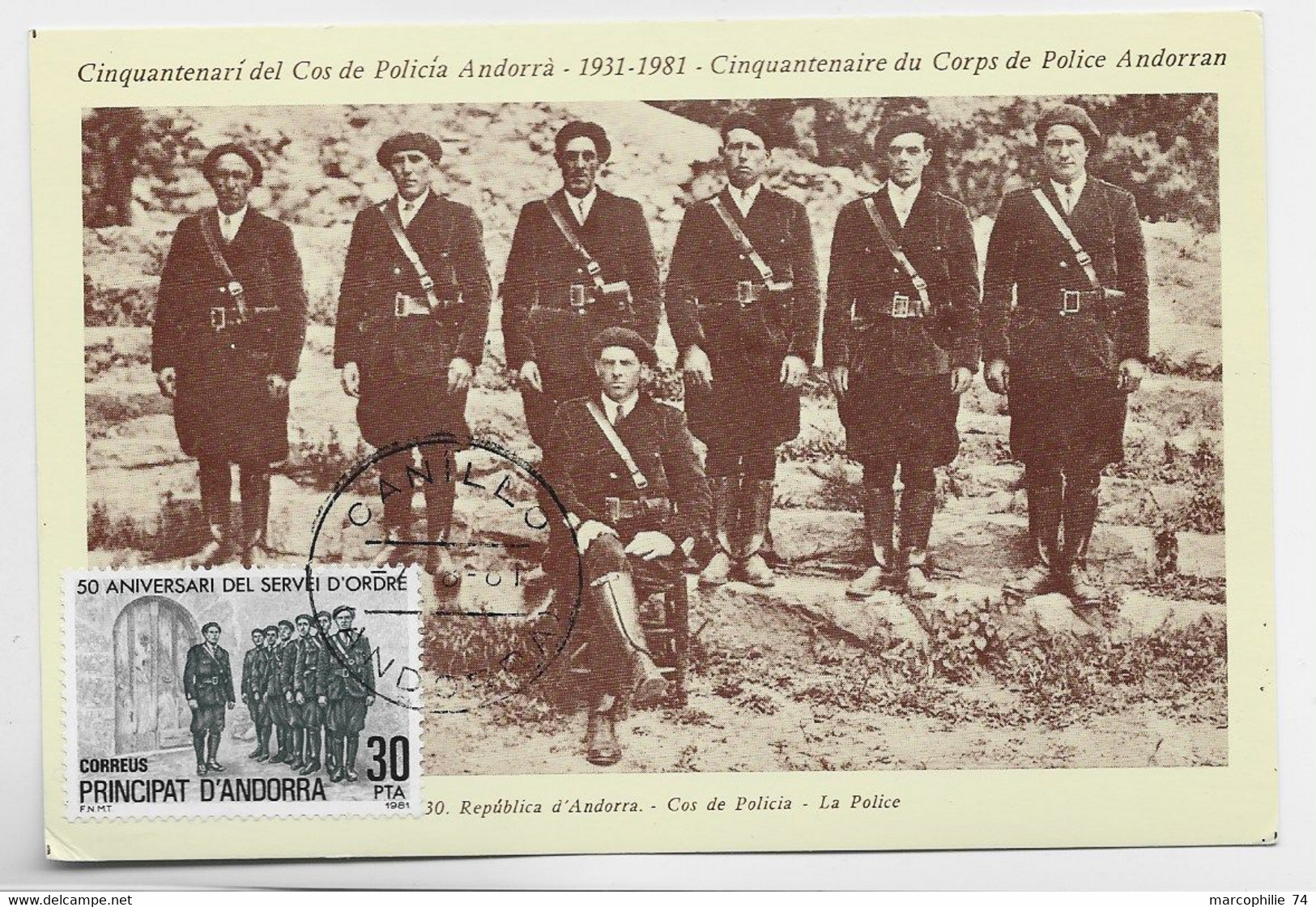 ANDORRA 30C PTA CARTE MAXIMUM TARJETA CANILLO 1981 POLICIA - Lettres & Documents