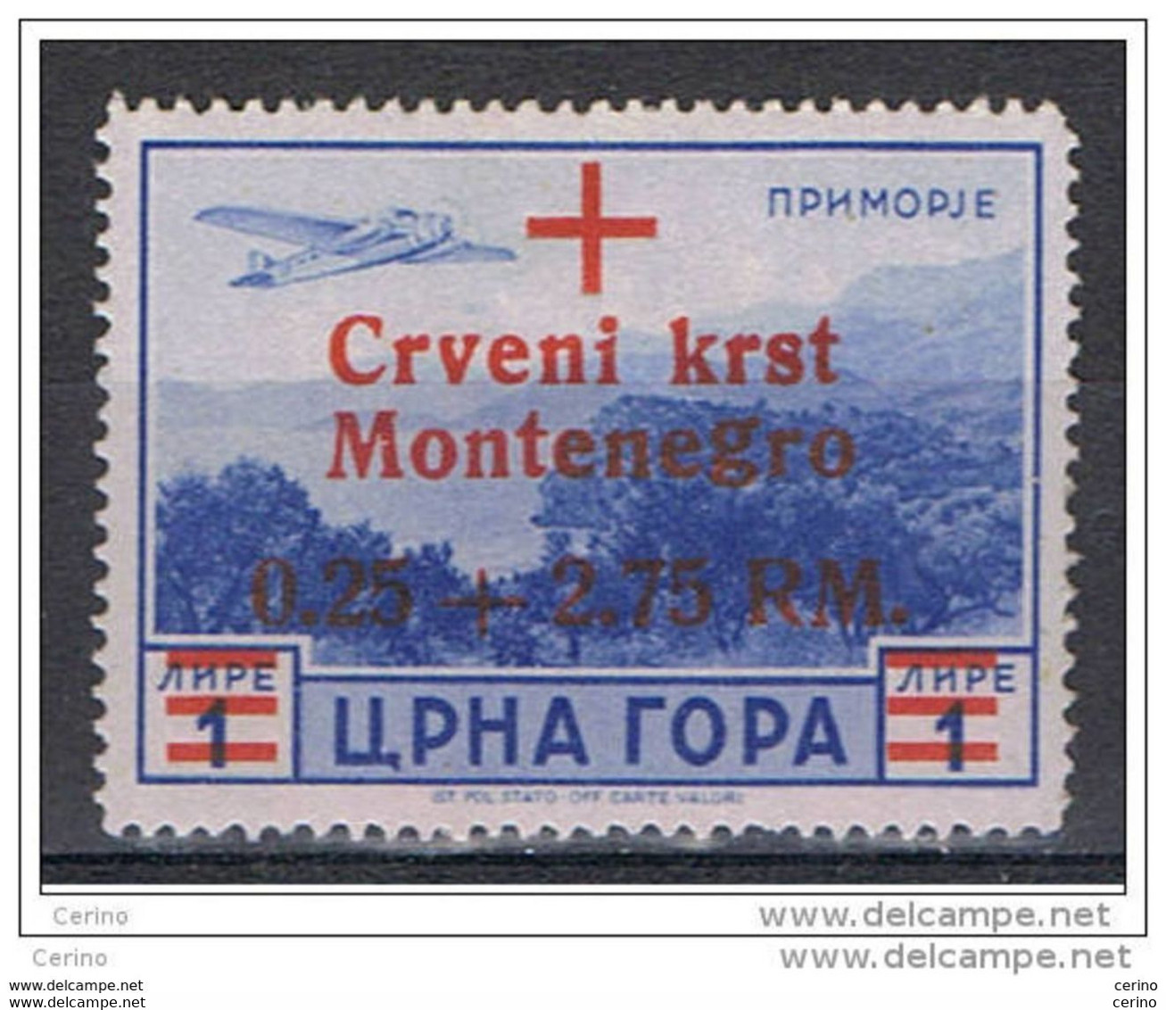 MONTENEGRO - OCCUPAZ. TEDESCA:  1944  P.A. SOPRASTAMPATO  -  0,25 + 2,75 Rm./£. 1  AZZURRO  N. -  SASS. A10 - Deutsche Bes.: Montenegro