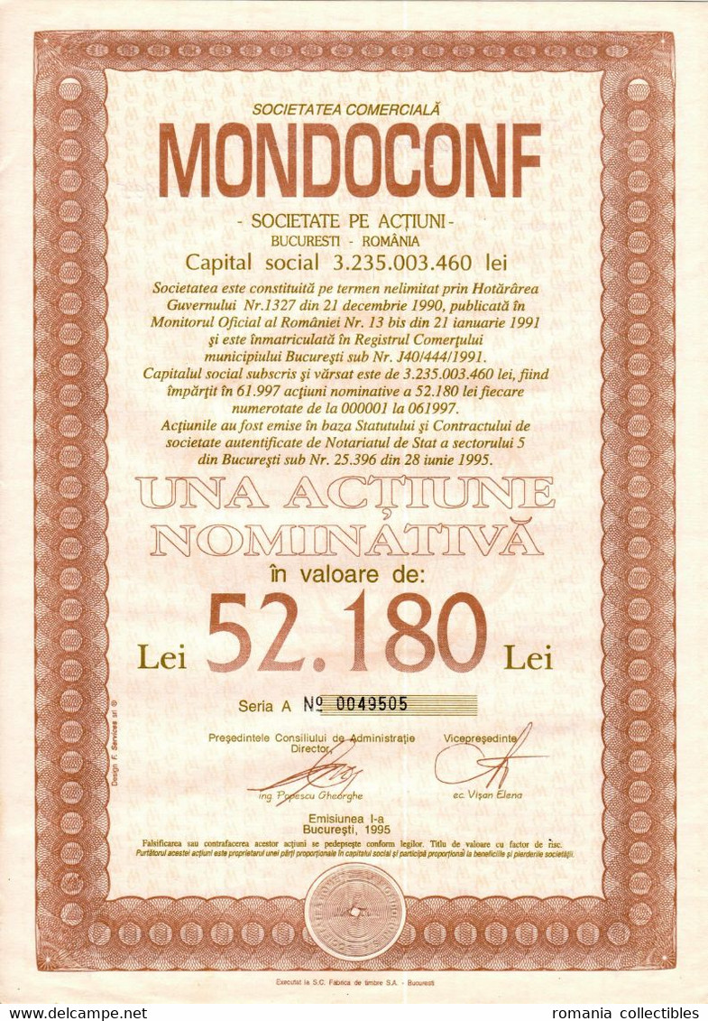 Romania, 1995, Mondoconf - Vintage Bond Certificate, 52.180 Lei - M - O