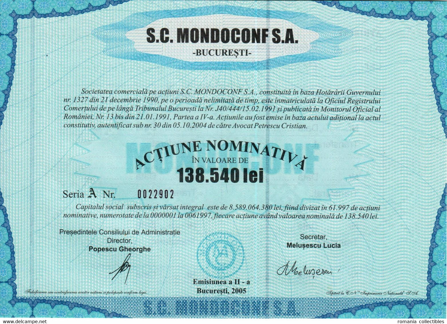 Romania, 2005, Mondoconf - Vintage Bond Certificate, 138.540 Lei - M - O