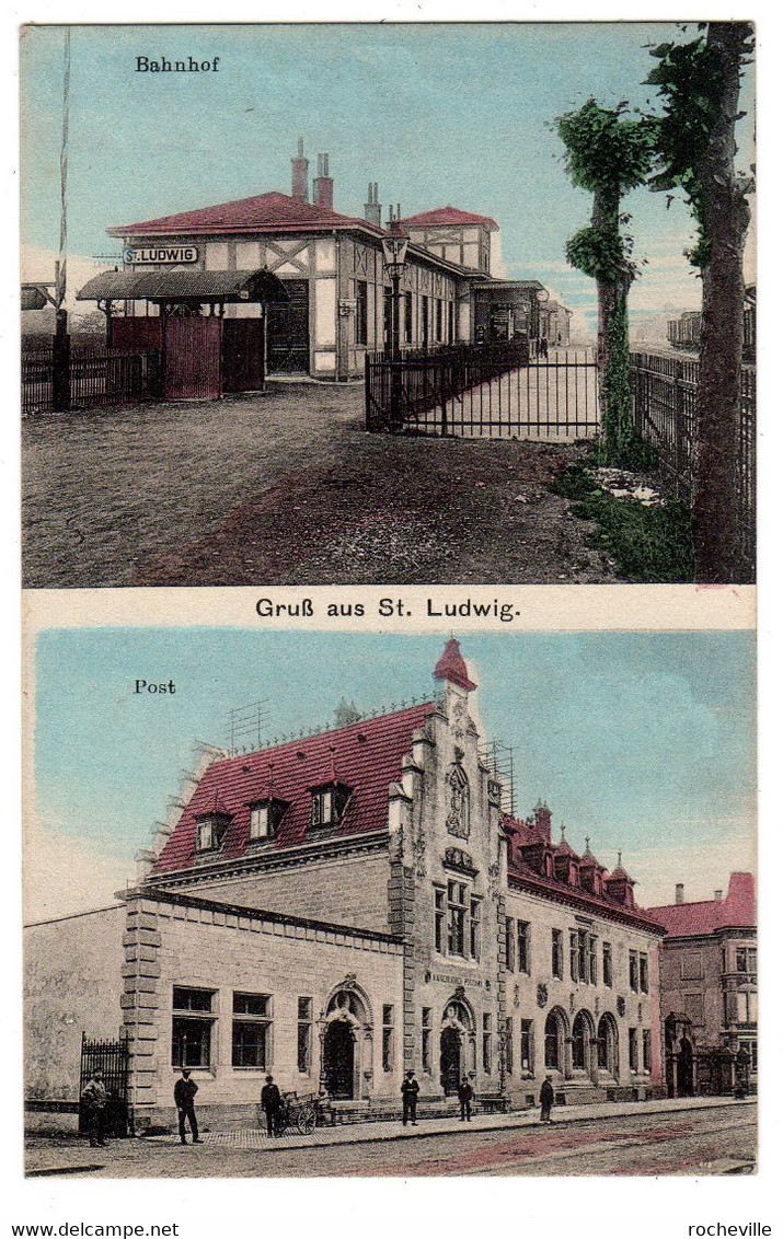 68-Gruss Aus St.Ludwig- Salutations De St-Louis-  2 Vues :  Bahnhof  - Post  - Gare -Poste  CPA  1919 - Saint Louis