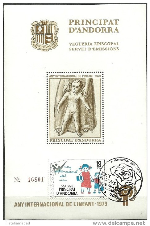 ANDORRA- VEGUERIA EPISCOSPAL ESTA HOJITA BLOQUE O SIMILAR AÑO INTERNACIONAL DEL NIÑO. 1979.TAMPON JOCS FLORALS. (C.02.1 - Episcopal Viguerie