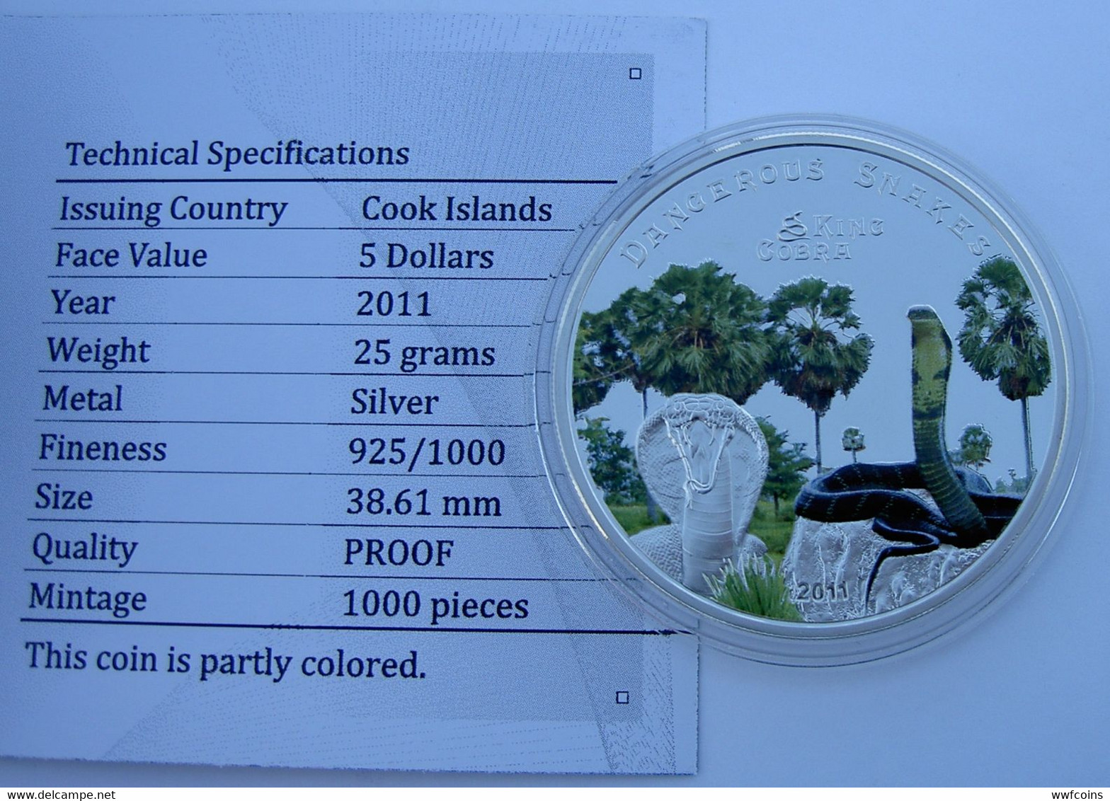 COOK ISLANDS 5 $ 2011 ARGENTO KING COBRA DANGEROUS SNAKES TIRATURA 1000PZ PESO 25 TITOLO 0,925 CONSERVAZIONE FONDO SPECC - Cook