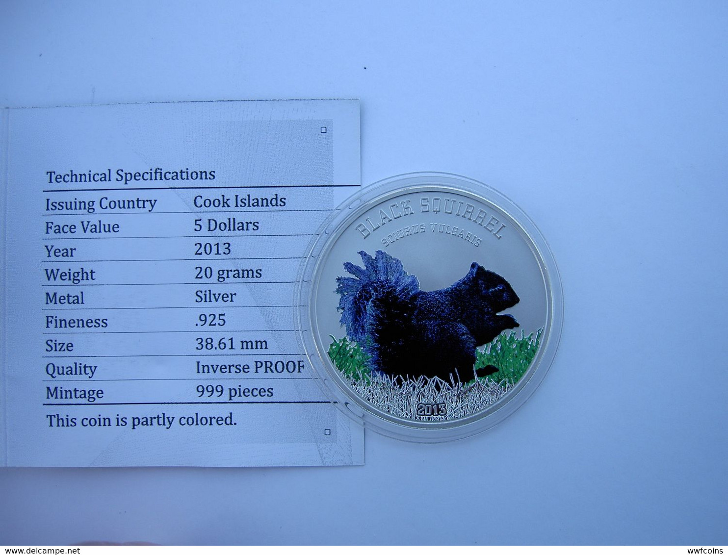 COOK ISLANDS 5 $ 2013 ARGENTO SILVER BLACK SQUIRREL BEAUTIES SCOIATTOLO MINTAGE 999 PCS PESO 20g TITOLO 0,925 CONSERVAZI - Cook