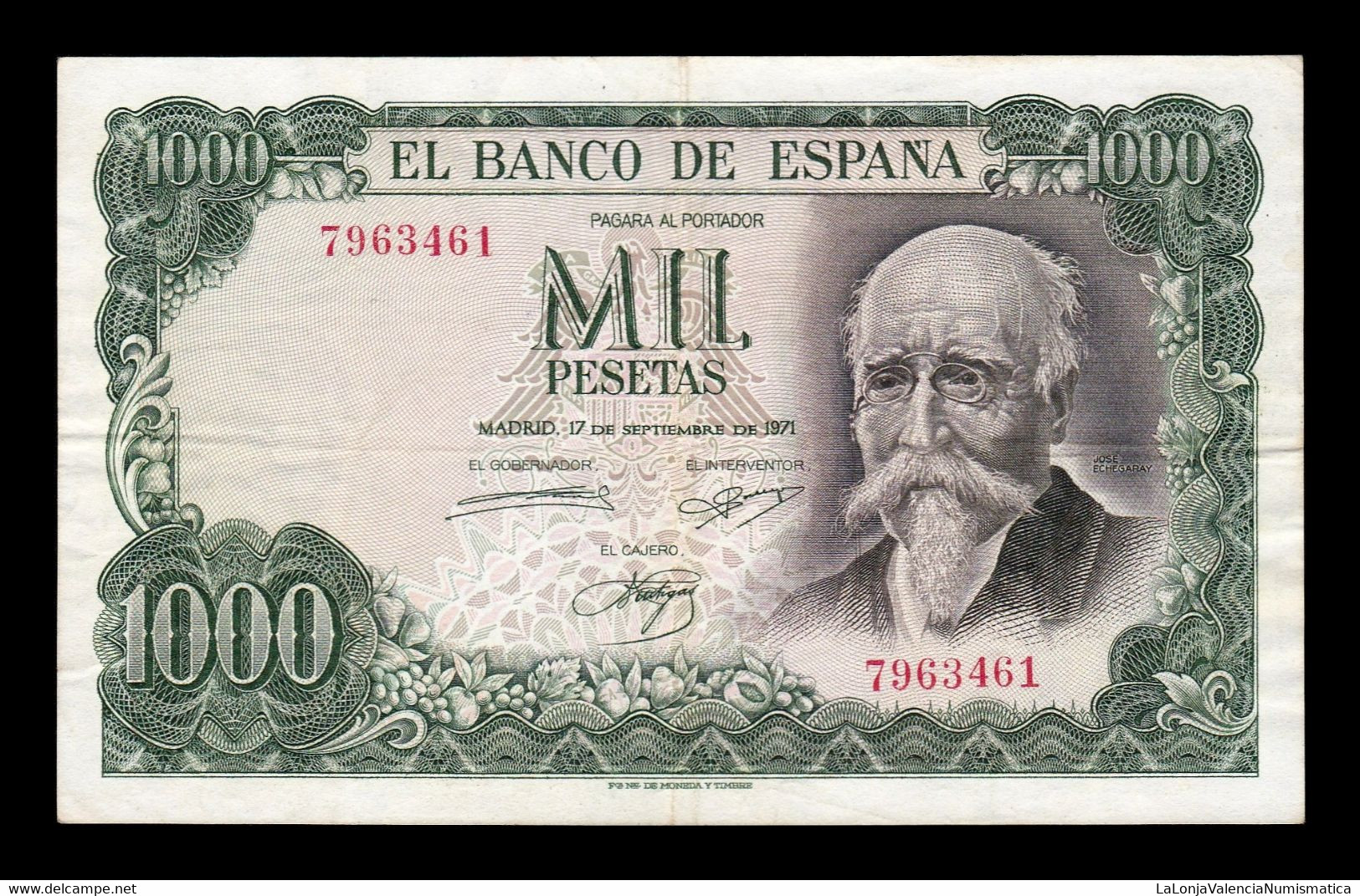 España Spain 1000 Pesetas J. Echegaray 1971 Pick 154 Sin Serie MBC- AVF - 1000 Pesetas