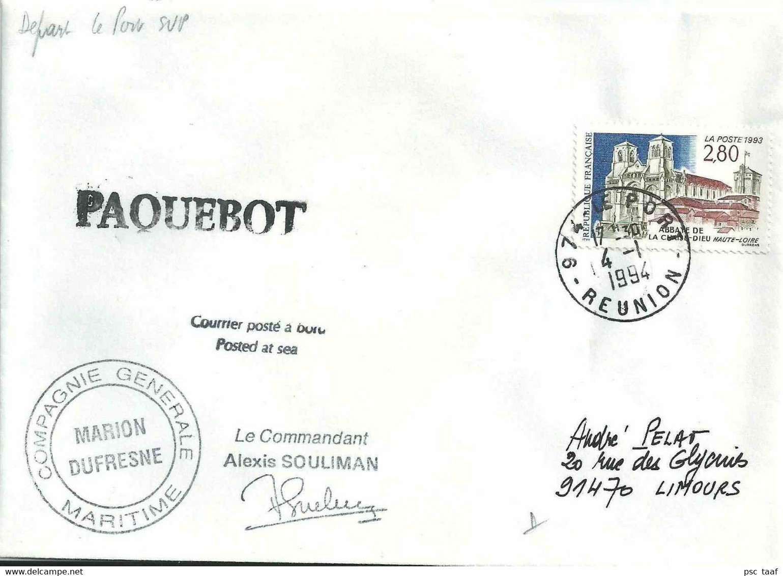 YT 2825 Abbaye De La Chaise-Dieu - Posté à Bord Du MD - Paquebot - Le Port - La Réunion - 04/01/1994 - Covers & Documents